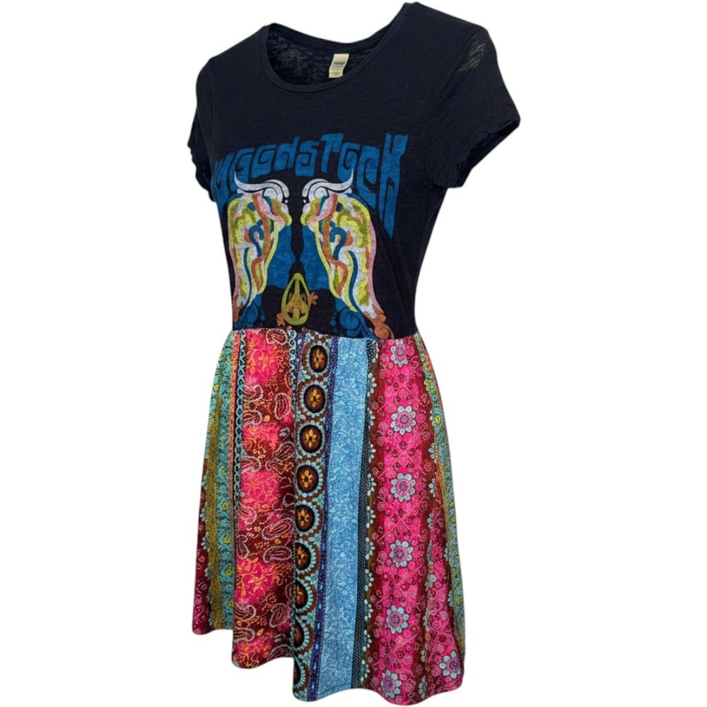 Kavio Woodstock Patchwork Graphic T Shirt Dress S Boho Hippie Festival 1969 OOAK